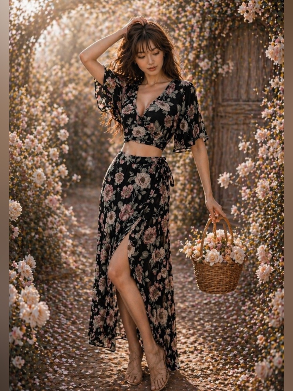 Moonlit Secret Garden Getaway 2pc kimono crop top + wrap midi skirt set